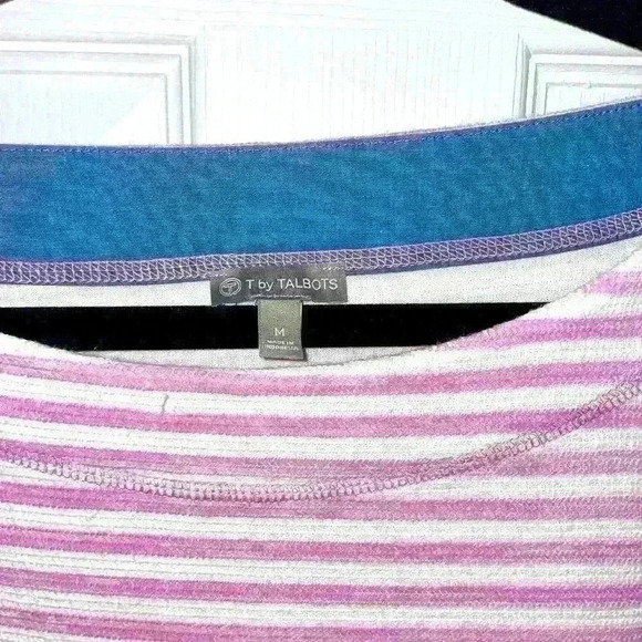 T by Talbots Cotton Stripe Pullover Tee Top with Roll Up Sleeve, Medium - Picture 2 of 3